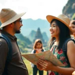 A skilled local guide leads travelers in Indonesia, highlighting scenic spots with a detailed map, embodying adventure and cultural richness.