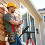 Siding contractor expertly installing durable vinyl siding on a residential home for enhanced curb appeal.
