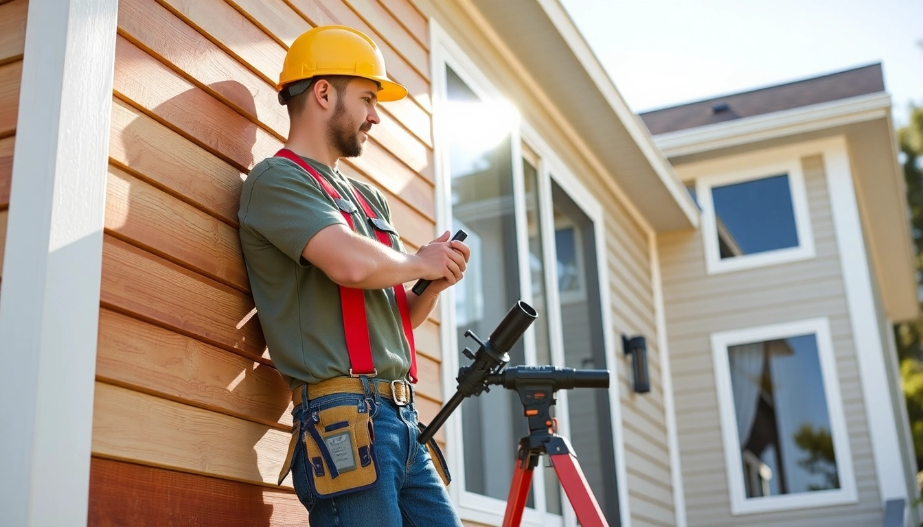Siding contractor expertly installing durable vinyl siding on a residential home for enhanced curb appeal.
