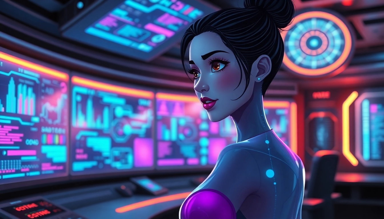 Futuristic AI control room with a digital female avatar engaging in conversation, glowing holographic screens, and vibrant data streams.