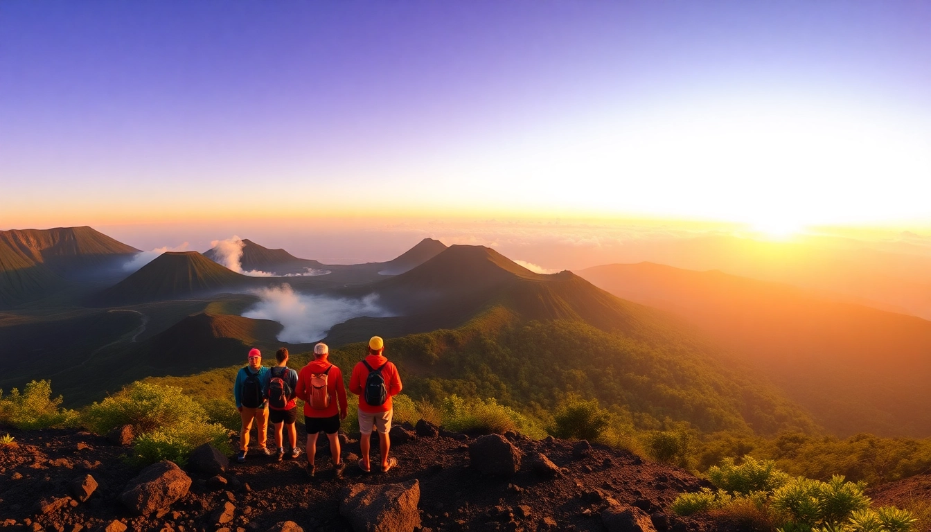 A breathtaking sunrise view of Mount Rinjani with hikers at the crater rim, capturing the mountain's rugged beauty and vibrant colors.