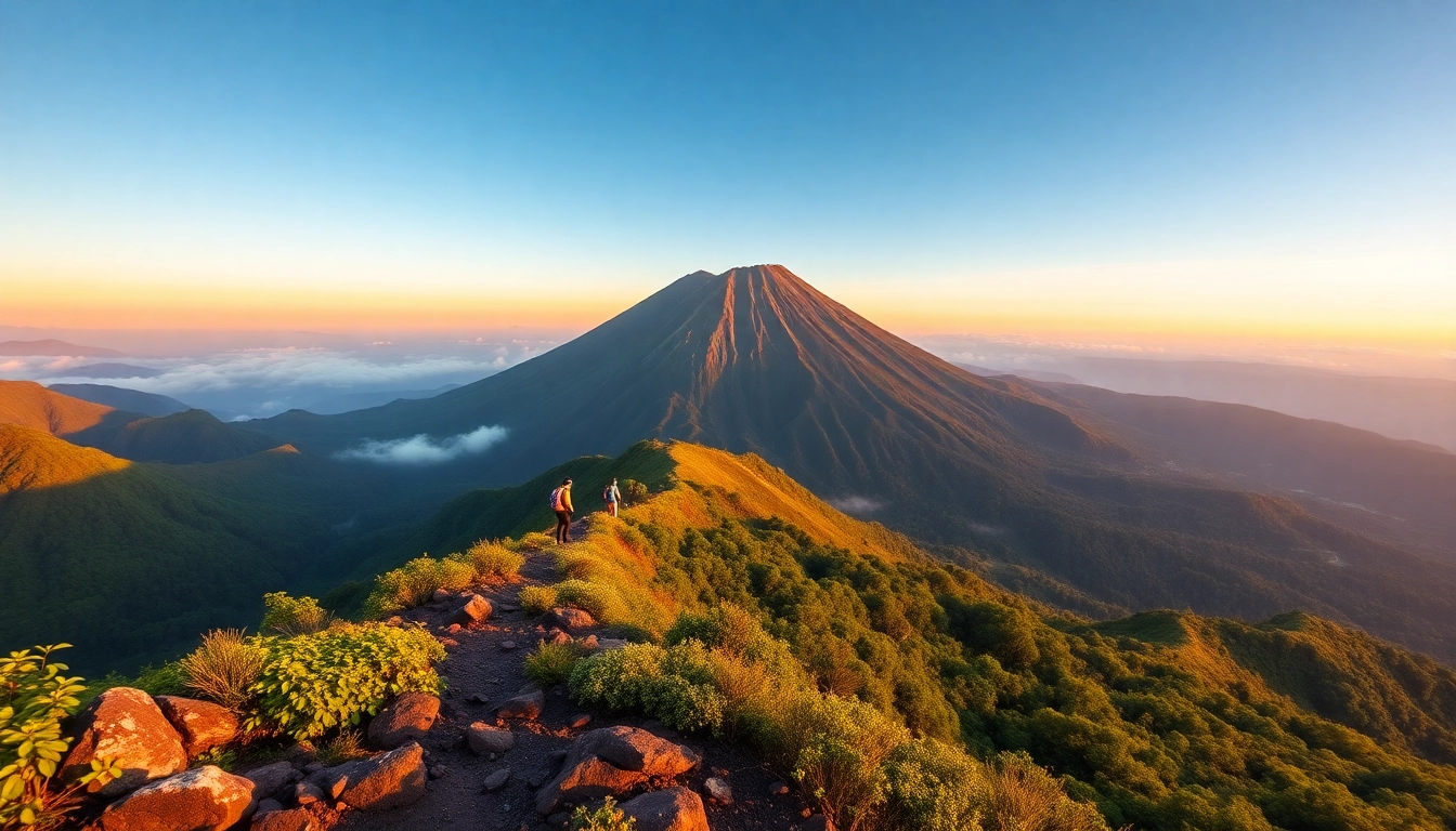 Hikers ascending Mount Rinjani at sunrise with lush greenery and volcanic landscape
