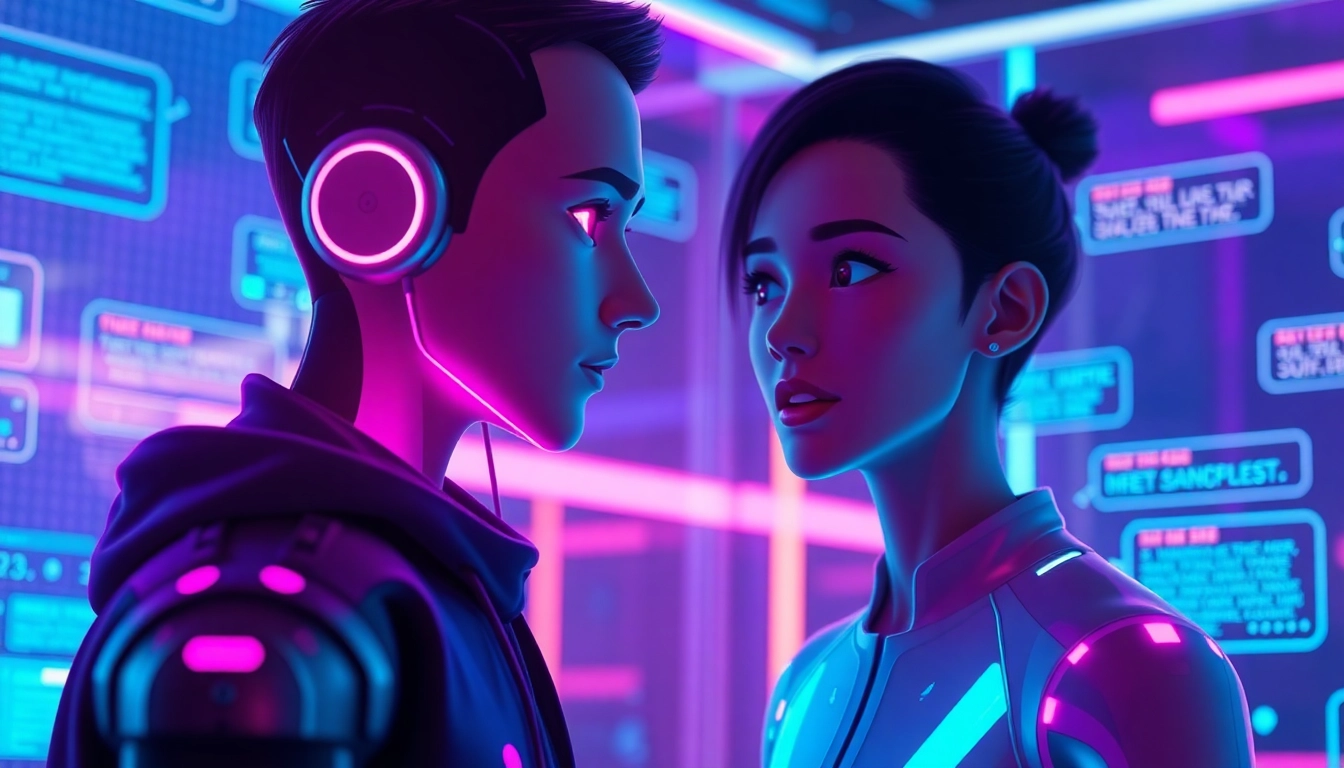 Futuristic AI character engaging in a vivid, digital conversation with dynamic holographic visuals and vibrant neon lighting.