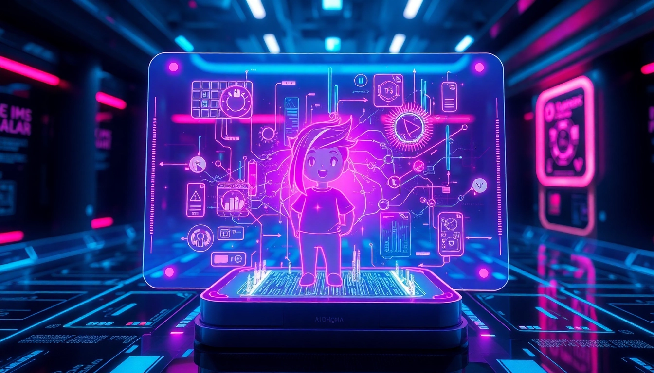 Futuristic AI interface with holographic characters and glowing data streams in a high-tech environment
