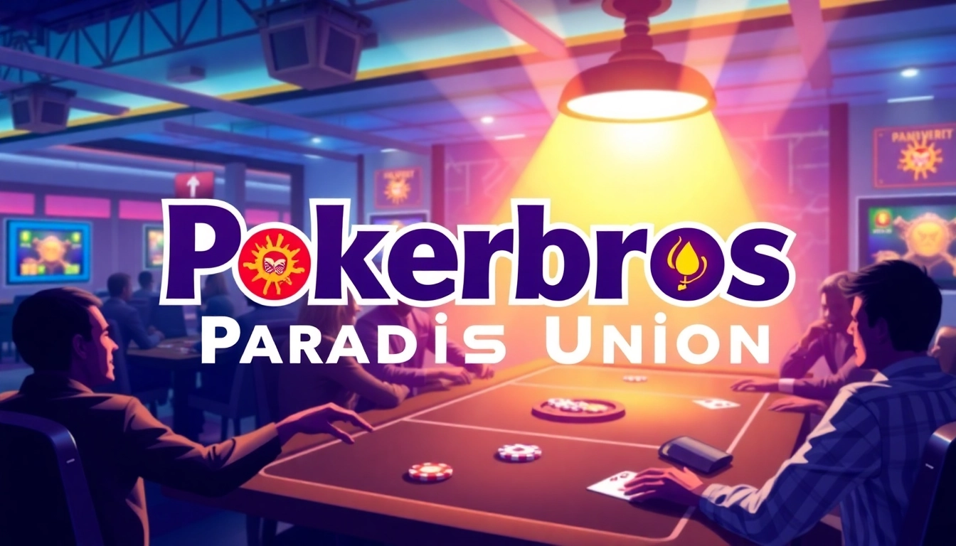Pokerbros Paradise Union online poker club logo with players enjoying a game and vibrant chips, highlighting community engagement.