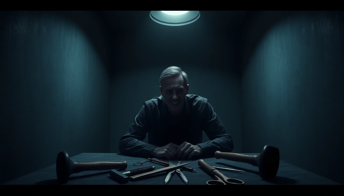 A disturbing scene of Harvey sitting in a dark room surrounded by tools, showing fear and suffering, with cold tones and harsh lighting.