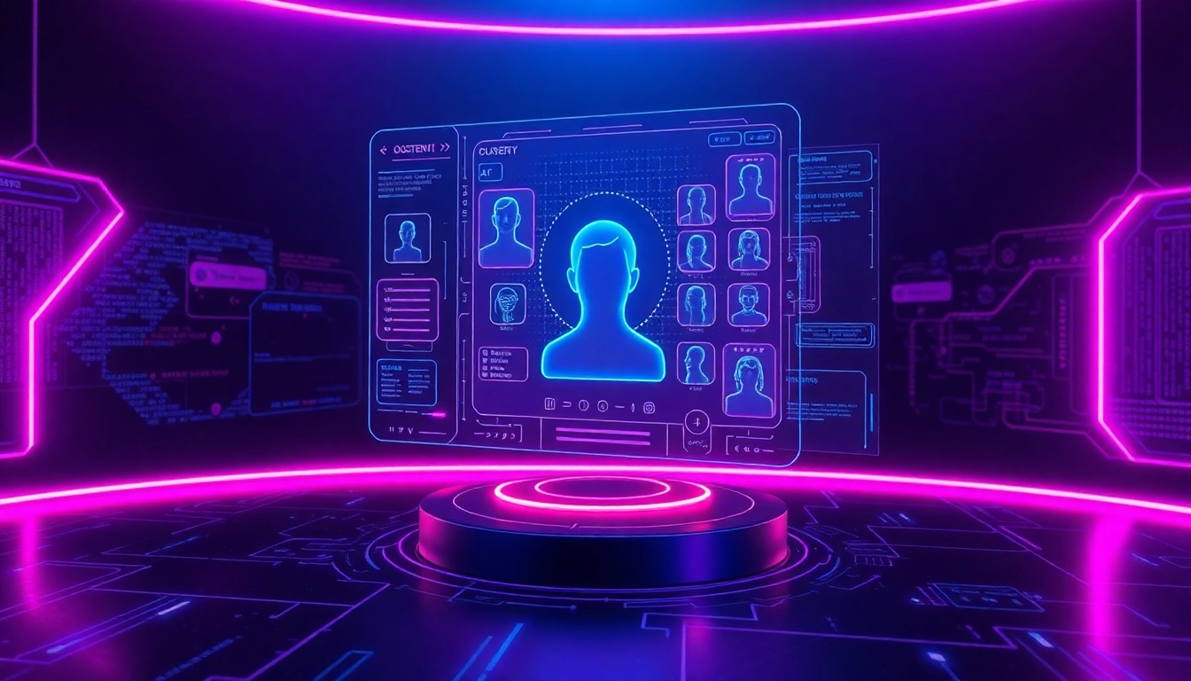 Futuristic AI interface with holographic avatar customization on dark background