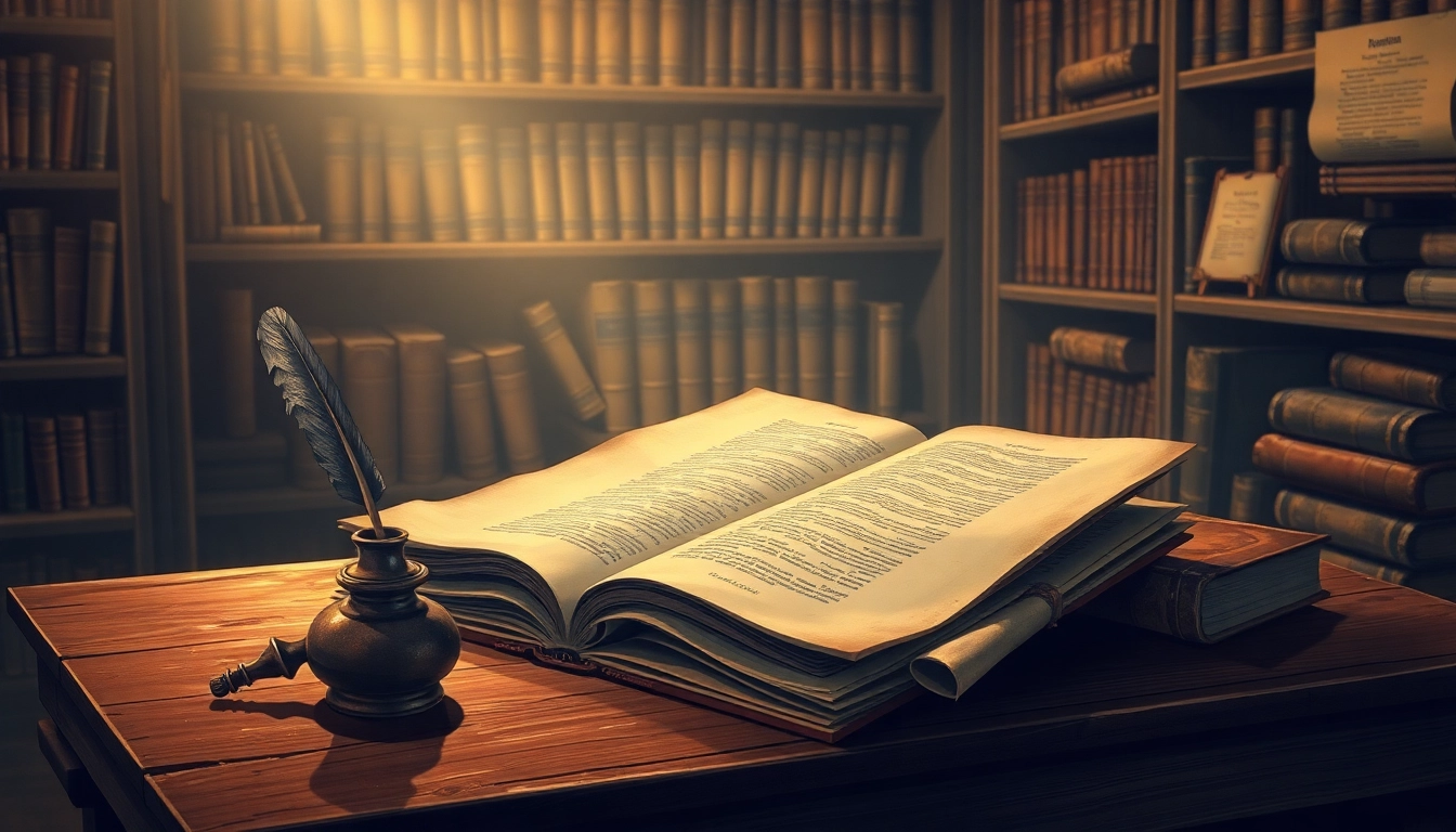 Vintage library scene with old books, parchment, and scholarly tools under warm lighting.