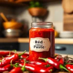 Red Chilli Paste in a glass jar with fresh red chilies on a rustic kitchen countertop,