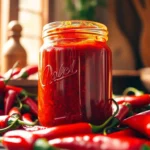 Red Chilli Paste in jar with fresh red chillies, highlighting spicy flavor and rich color,