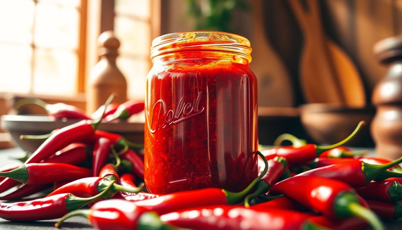 Red Chilli Paste in jar with fresh red chillies, highlighting spicy flavor and rich color,